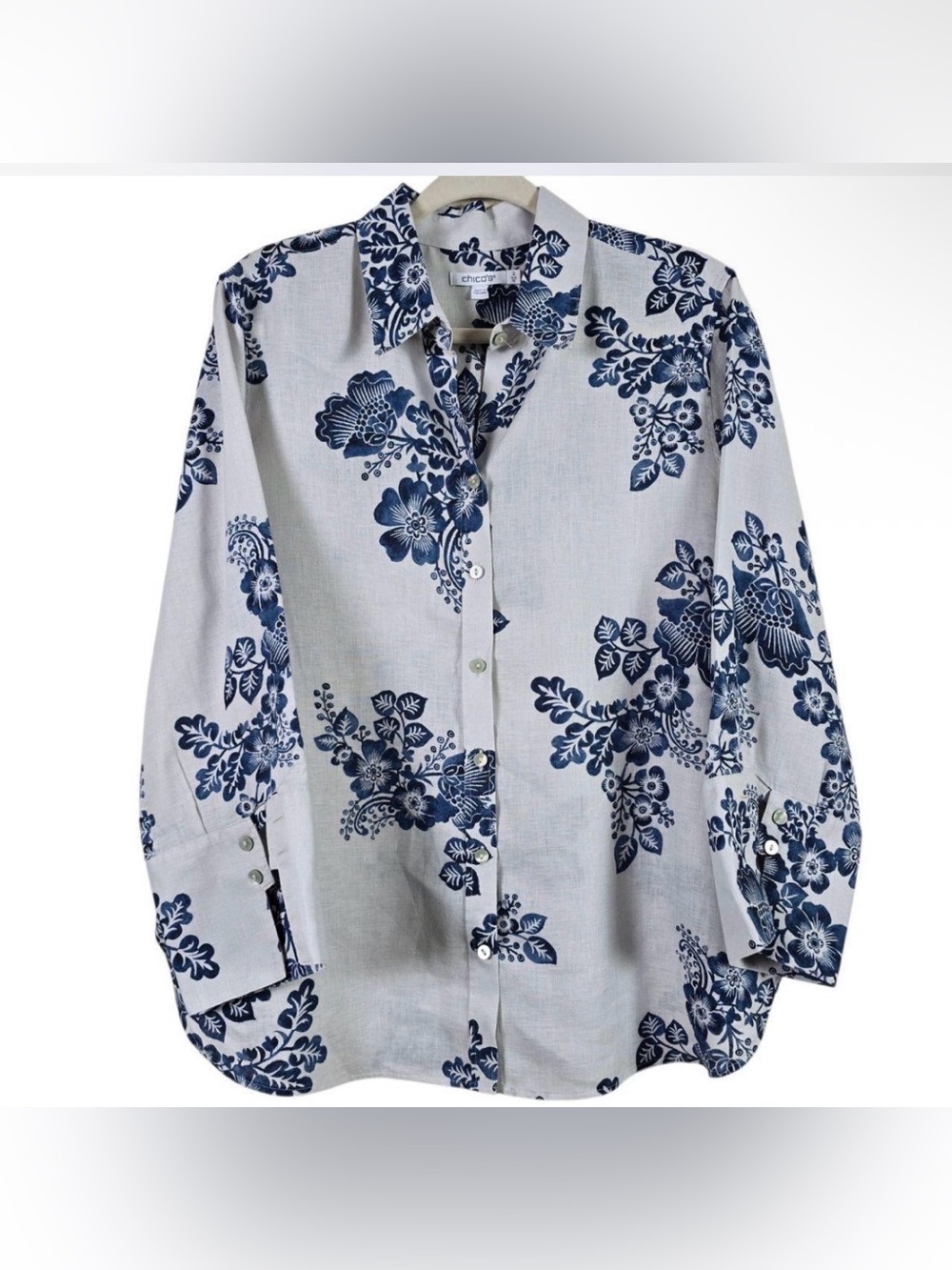 Chico's Womens Blue Floral 100%
Linen Beachy Boho Button Front Shirt Size 2.5 - Picture 2 of 2